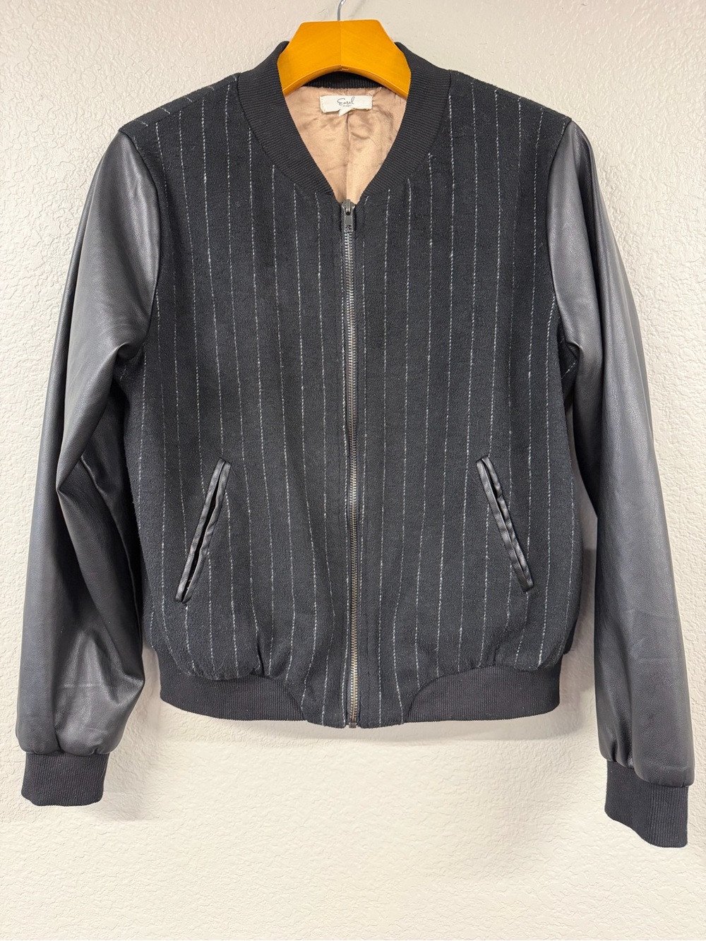 easel Black Pinstripe Bomber Jacket with Leather Sleeves